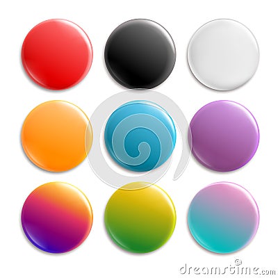 Colorful pin badges. Badge icon button with pin. Glossy white and color circle 3d pushing buttons, disc brooch set Vector Illustration