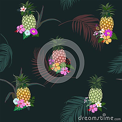 Colorful pineapple with tropical flowers and leaves seamless pattern on dark summer night background Vector Illustration