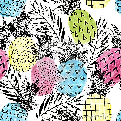 Colorful pineapple with watercolor and grunge textures seamless pattern Stock Photo