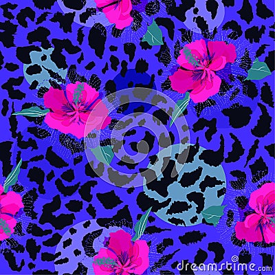 Colorful pink blooming flower on animal skin leopard prints sea Stock Photo