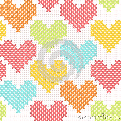 Colorful pink blue green and yellow simple cute cross stitch hearts on white canvas seamless pattern, vector Vector Illustration