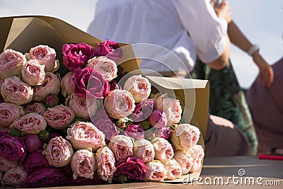 Colorful pink roses bouquet, soft and airy natural background Stock Photo