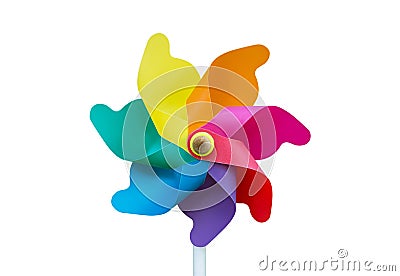 Colorful pinwheel toy isolated on white background. Wind turbine isolated. Wind mill isolated Stock Photo