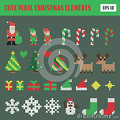 Colorful Pixel Christmas Elements icon set Vector Illustration