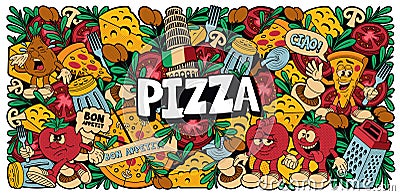 A colorful pizza background in cartoon style Vector Illustration