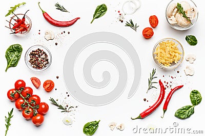 Colorful pizza ingredients on white background, top view Stock Photo