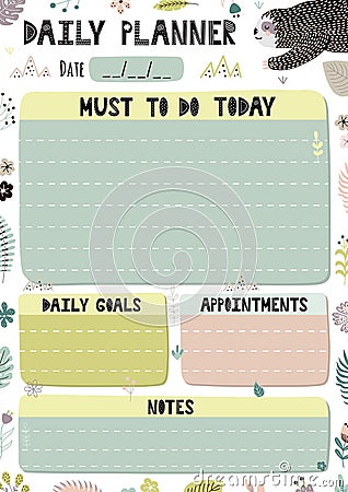 Colorful Daily Planner Template. Cartoon organizer in A4 format Vector Illustration