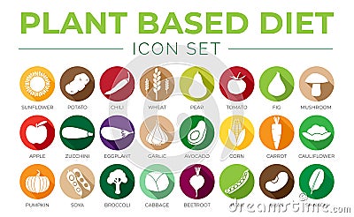 Colorful Plant Based Diet Round Icon Set of Sunflower, Potato, Chilli, Wheat, Pear, Tomato, Fig, Mushroom, Apple, Zucchini, Vector Illustration