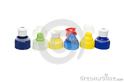 Colorful plastic bottle caps isolated on white Stock Photo