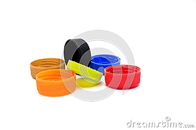 Colorful plastic bottle caps isolated on white background Stock Photo