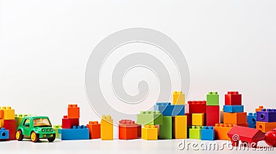 Colorful plastic bricks for kid, toddler, education and learning, toy shop, flat lay, copy space on white background Stock Photo