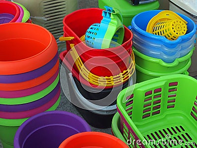 Colorful Plastic Buckets and Baskets, Greek Street Market Stock Photo