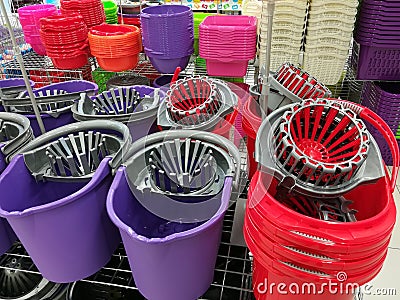 Colorful plastic buckets for menagerie Stock Photo