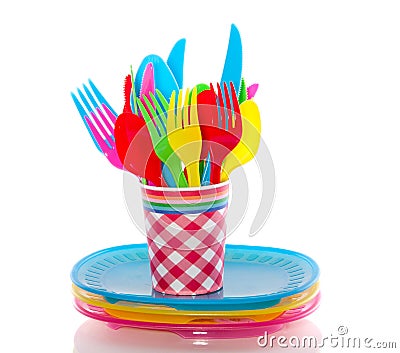 Colorful plastic cutlery Stock Photo