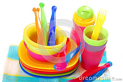 Colorful plastic dishes Stock Photo