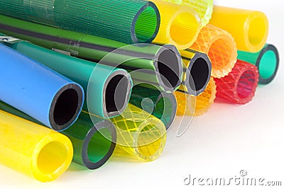 Colorful plastic gardening hoses Stock Photo