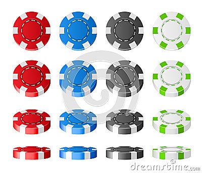 Colorful plastic Poker Chips realistic set. 3d Chips flipped different angles isolated on white background. Jackpot and success Vector Illustration