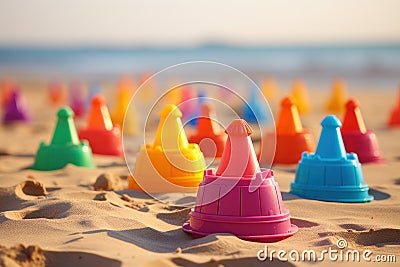 Colorful plastic sand toys on summertime beach. Generate Ai Stock Photo