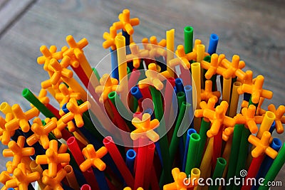 Colorful plastic tubes and joints of children construction set Stock Photo