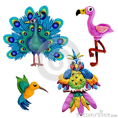 Colorful plasticine 3D birds icons set isolated on white background Stock Photo