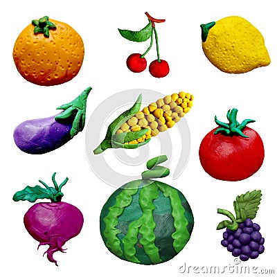 Colorful plasticine handmade 3D fruit and vehetables icons set isolated on white background Stock Photo