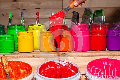 Colorful plastisol ink in transparent bottles Stock Photo