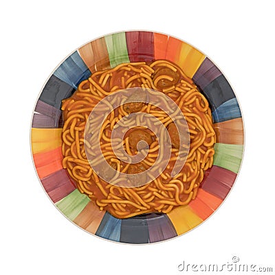 Colorful plate of spaghetti and meatballs on a white background Stock Photo