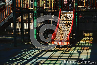 A colorful playground featuring a centrally placed red slide surrounded by various play structures and equipment, A playground Stock Photo