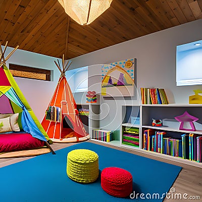 12 A colorful playroom with a teepee, toy storage, and playful decor5, Generative AI Stock Photo