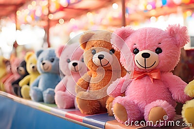 Colorful plush teddy bears as prizes at funfair Stock Photo