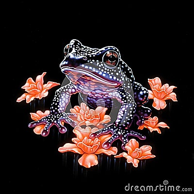 Colorful poison dart frog on a rock with red flower. Stock Photo