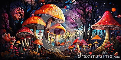 colorful poisonous hallucinogenic mushrooms fly agarics amanita toadstool in fabulous fairy tale forest at night Stock Photo