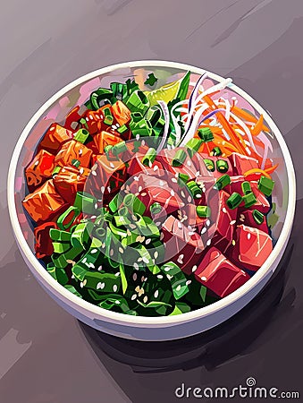 Colorful poke bowl with fresh vegetables, tuna, salmon, and garnishes. Stock Photo