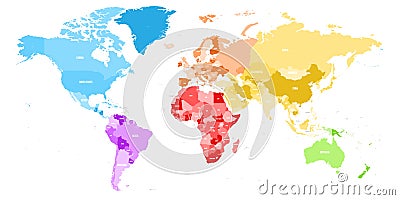 Colorful political map of World divided into six continent with country name labels. Vector map in rainbow spectrum Vector Illustration
