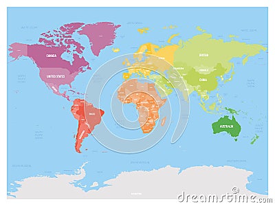 Colorful political map of World divided into six continents on blue background. With countries, capital cities, seas and Vector Illustration