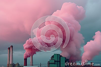 Colorful pollution from manufacturing plants. pink smoke. Generative AI Stock Photo