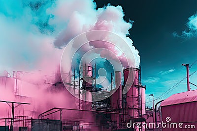 Colorful pollution from manufacturing plants. pink smoke. Generative AI Stock Photo