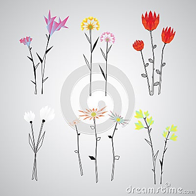 Colorful Polygonal Floral Objects Set Vector Illustration
