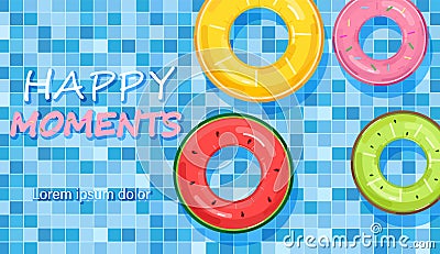 Colorful pool rings on water background Vector. Summer poster inflatable life rings in fruits styles Vector Illustration