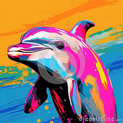 Colorful Pop Art Dolphin: Vibrant And Expressive Wildlife Painting Cartoon Illustration