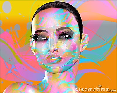 Colorful pop art image of a woman`s face. This is a digital art image of a close up woman`s face in pop art style. Stock Photo