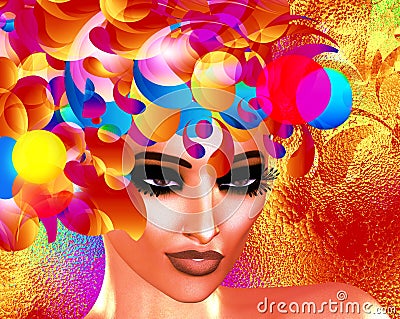 Colorful pop art image of a woman`s face. This is a digital art image of a woman`s face close up in pop art style. Stock Photo