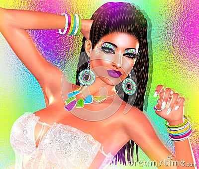 Colorful pop art image of woman`s face with fashion cosmetics. Stock Photo