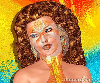 Colorful pop art image of woman`s face with fashion cosmetics. Stock Photo