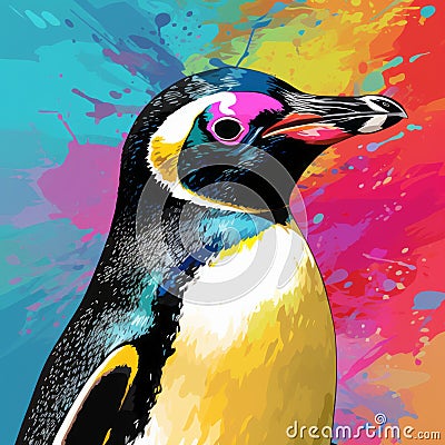 Colorful Pop Art Penguin Painting On Explosive Wildlife Background Cartoon Illustration