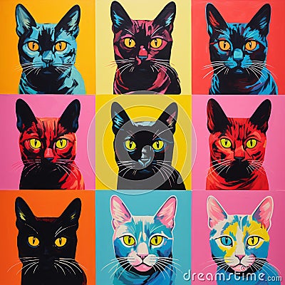 Colorful Pop Art Portraits Of Cats On Yellow Squares Stock Photo