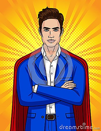 Colorful pop art style illustration of confident businessman looks like a superhero. Cartoon Illustration