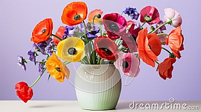 Colorful Poppies Vase On Purple Background - Vibrant Floral Art Stock Photo
