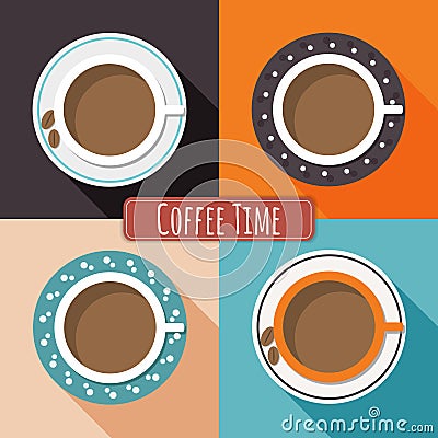 Colorful Porcelain Cups Of Coffee With Long Shadow And Colorful Squares. Positive And Funny Start Of The Day. Vector Illustration