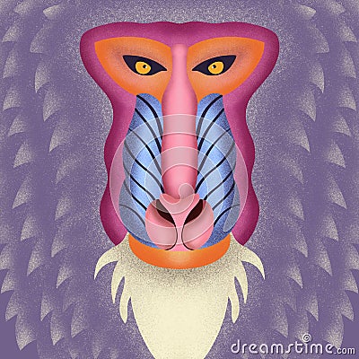 Colorful portrait of mandrill on purple background. Hand drawn wild animal. Stock Photo